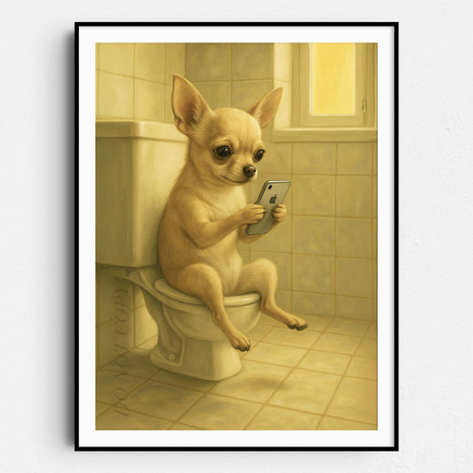 Chihuahua Dog On The Phone On The Toilet