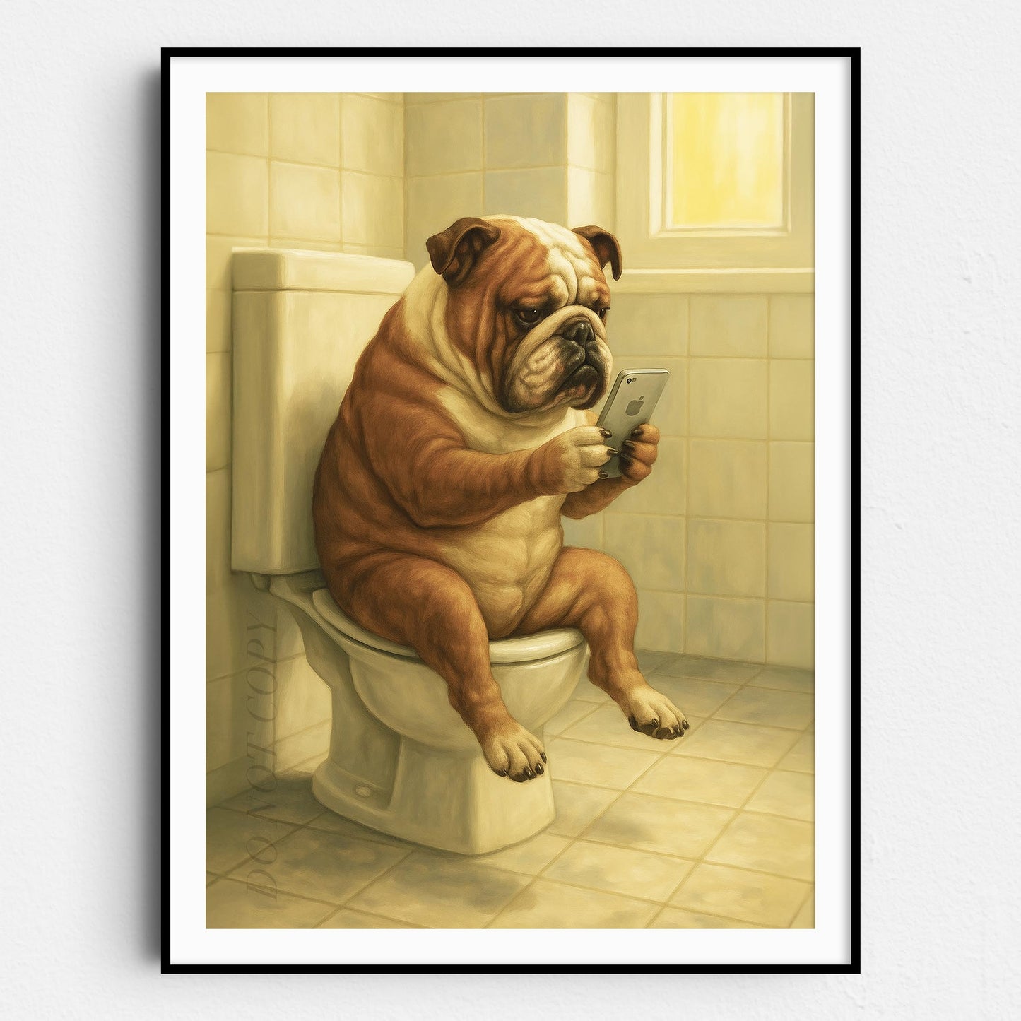 Bulldog On The Phone On The Toilet
