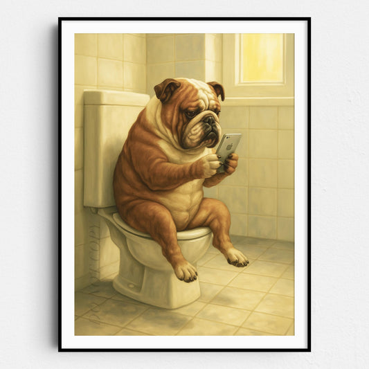 Bulldog On The Phone On The Toilet