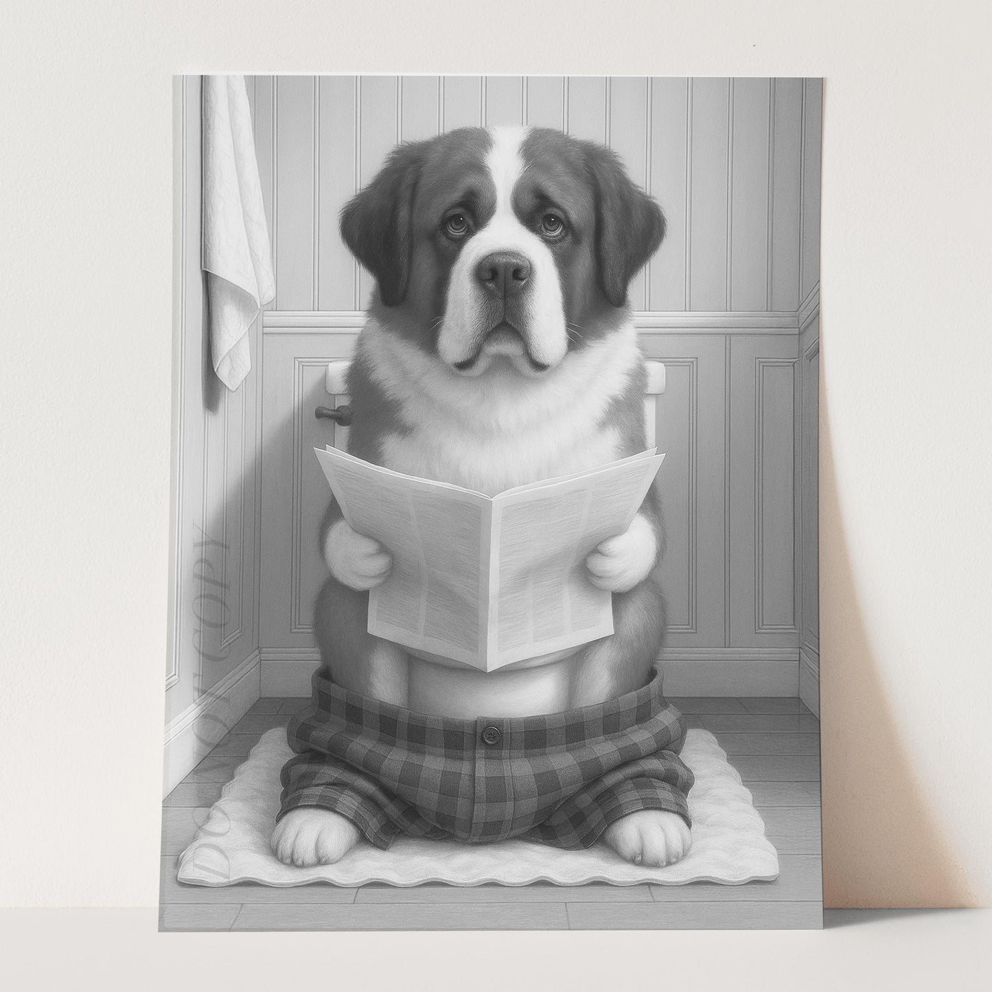 Saint Bernard Dog Reading The Newspaper On The Toilet