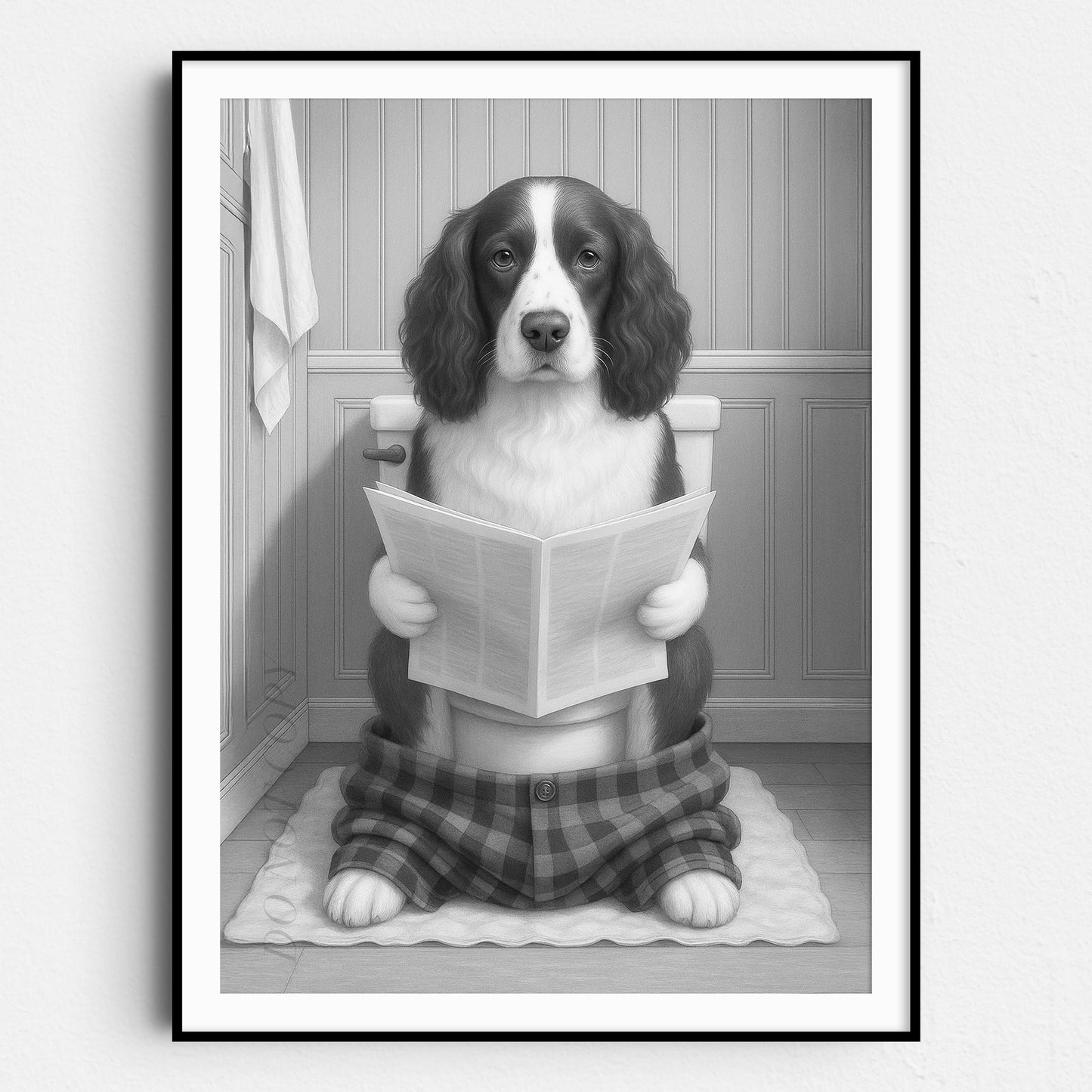 English Springer Spaniel Dog Reading The Newspaper On The Toilet
