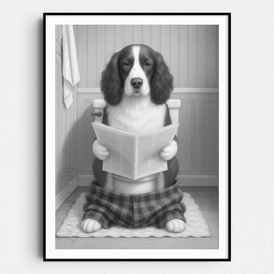English Springer Spaniel Dog Reading The Newspaper On The Toilet