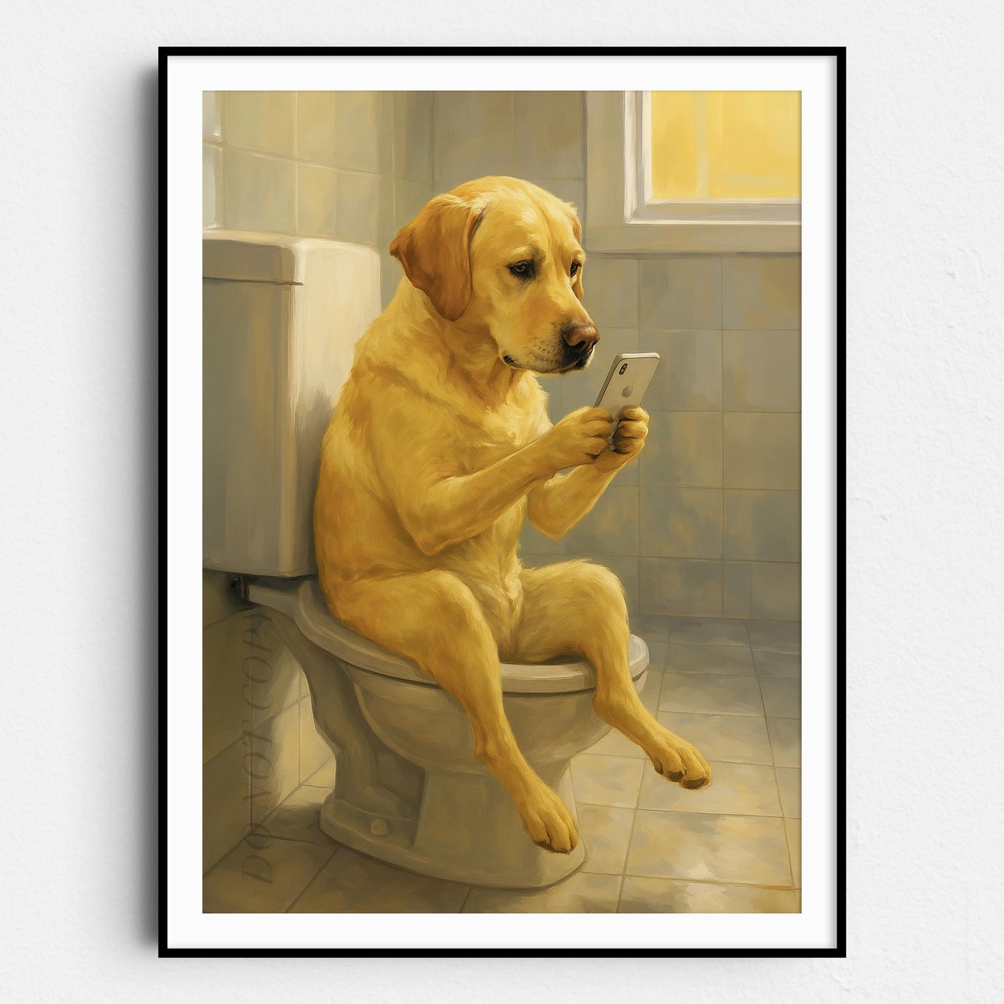 Yellow Labrador Retriever Dog On The Phone On The Toilet