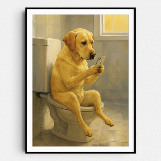 Yellow Labrador Retriever Dog On The Phone On The Toilet