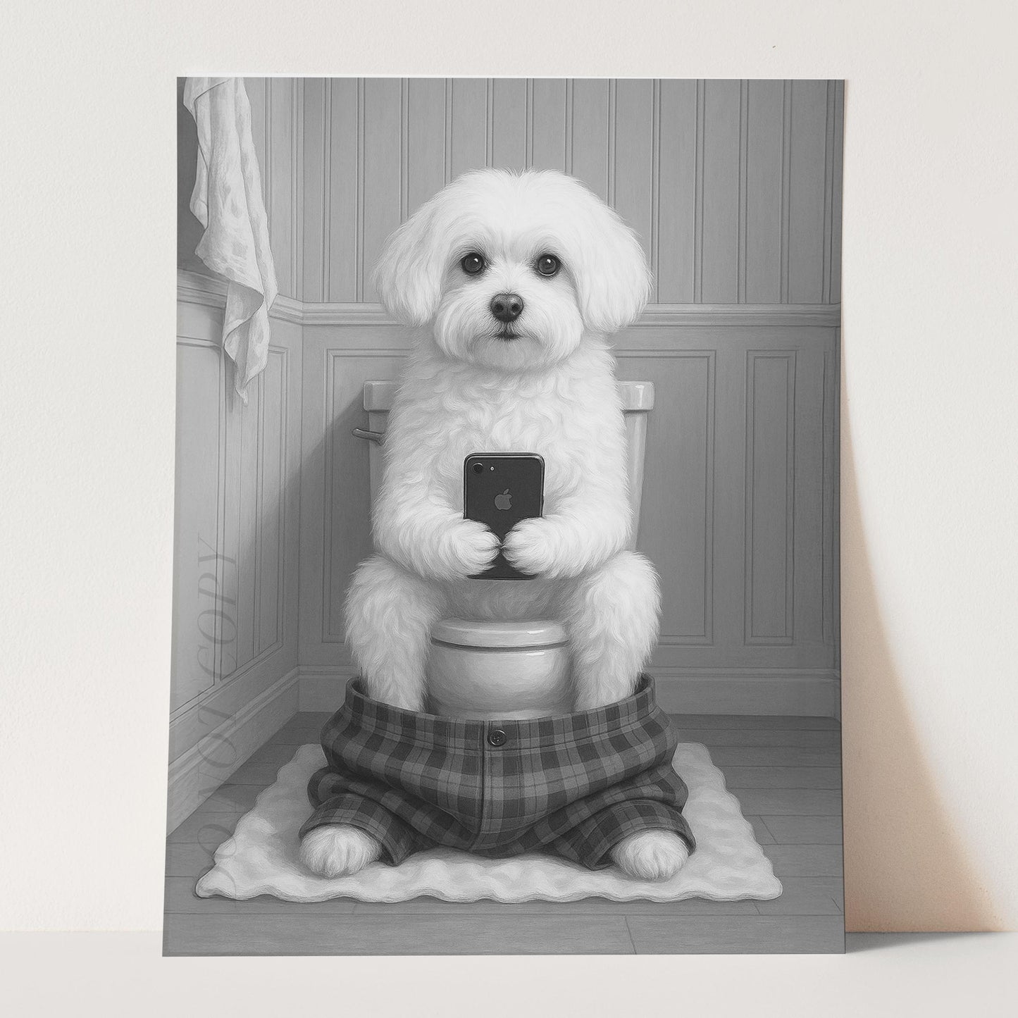 Maltese Dog On The Phone On The Toilet