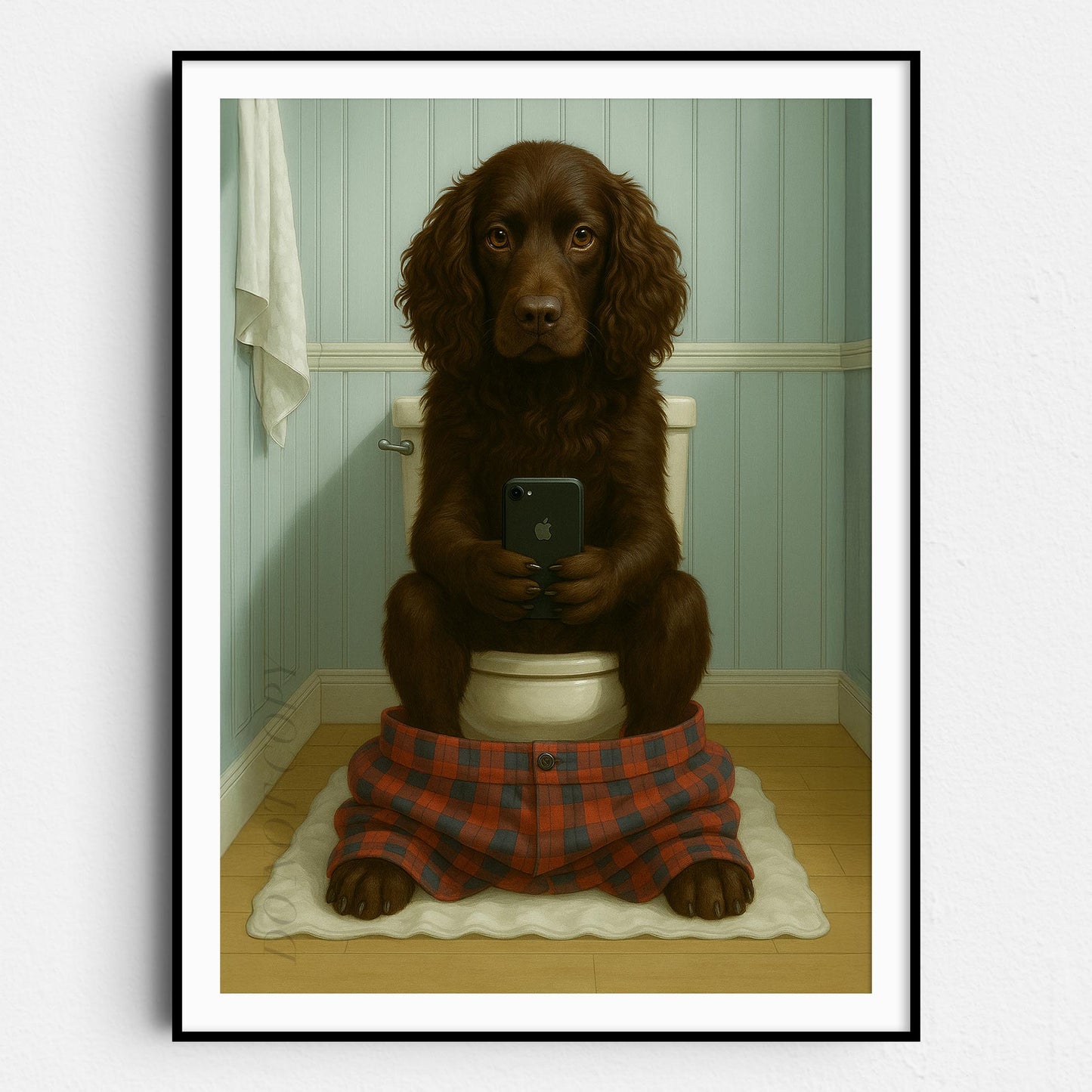 Boykin Spaniel Dog On The Phone On The Toilet