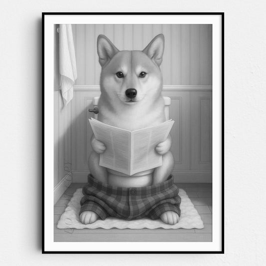 Shiba Inu Dog Reading The Newspaper On The Toilet