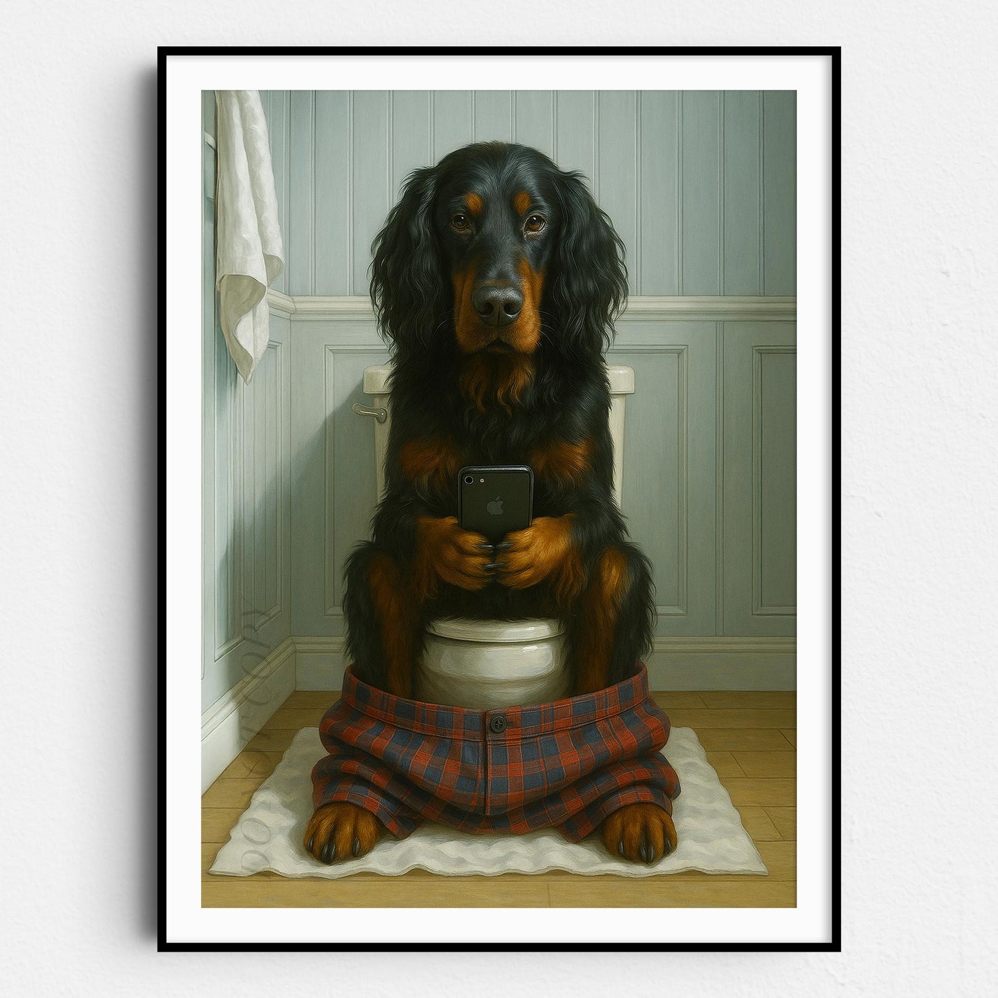 Gordon Setter Dog On The Phone On The Toilet