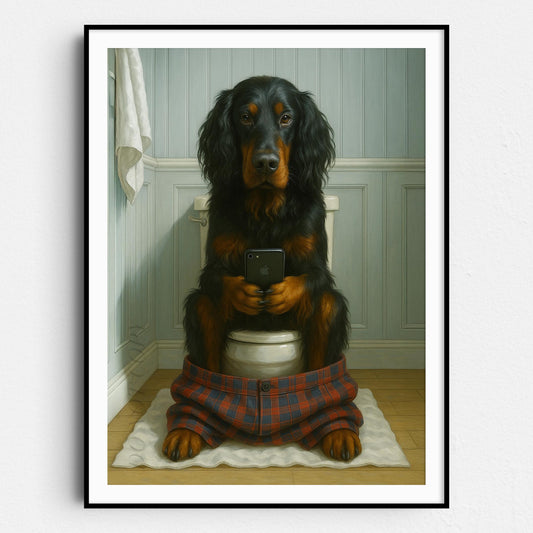 Gordon Setter Dog On The Phone On The Toilet