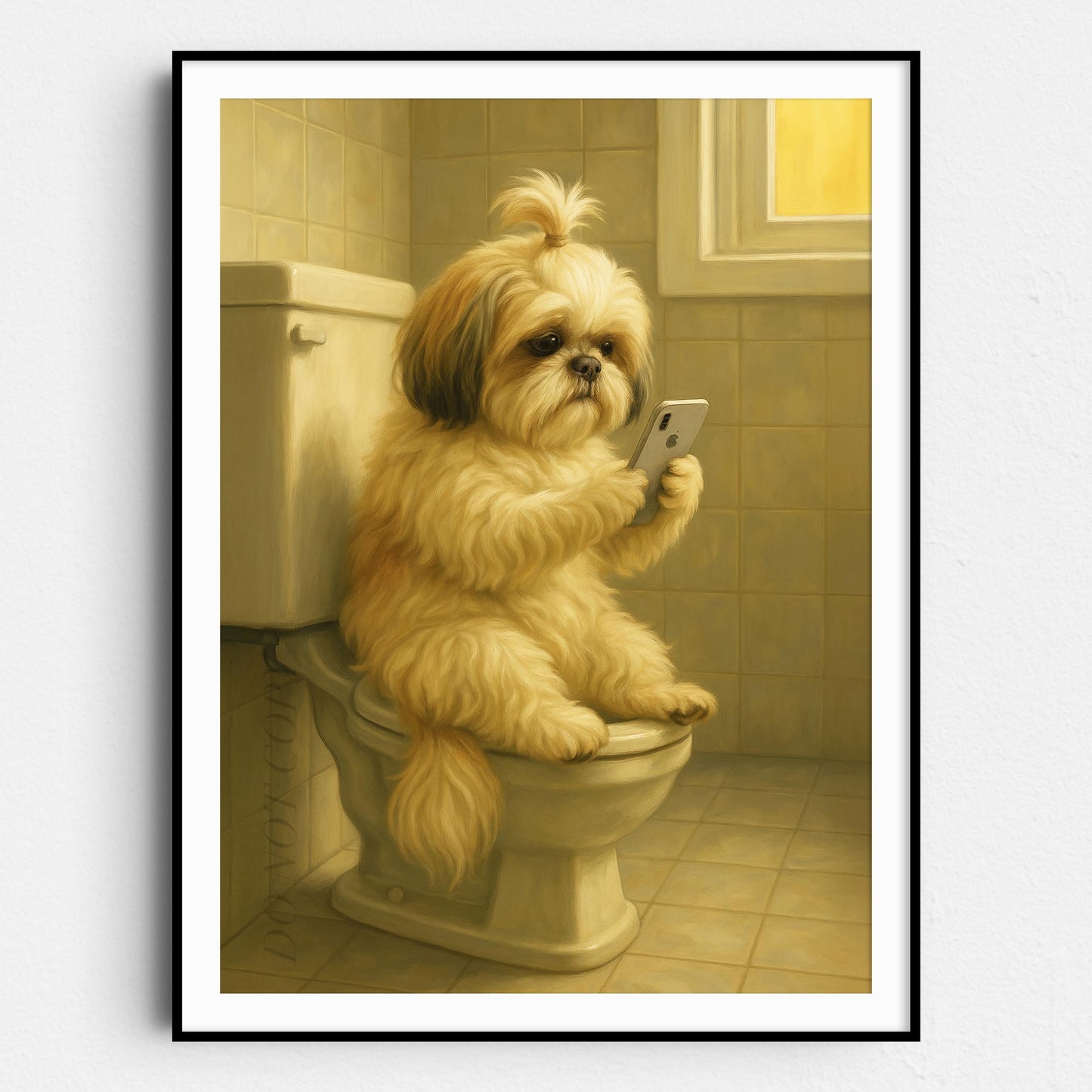 Shih Tzu Dog On The Phone On The Toilet