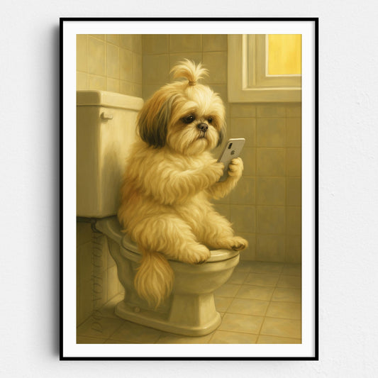 Shih Tzu Dog On The Phone On The Toilet