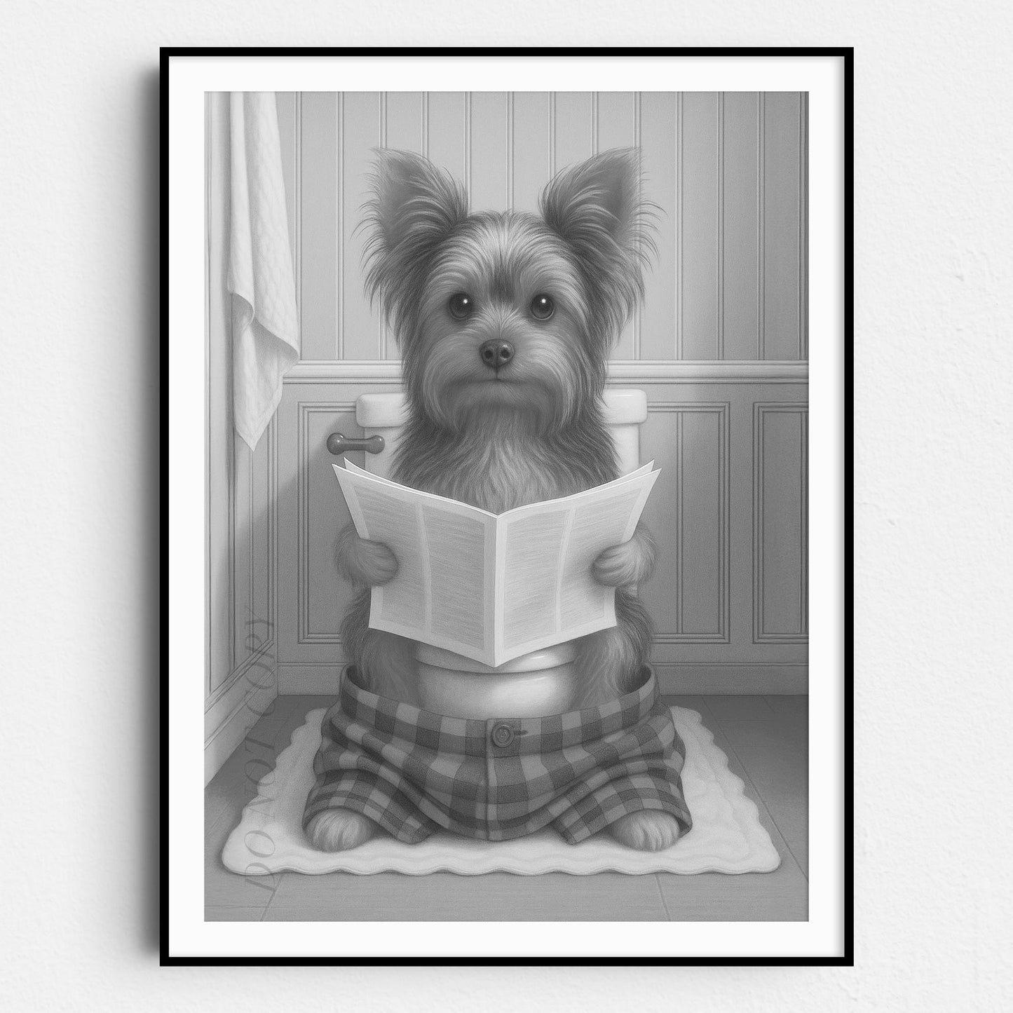 Yorkshire Terrier Dog Reading The Newspaper On The Toilet