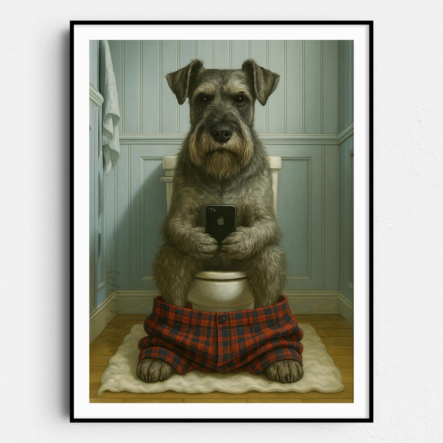 Standard Schnauzer Dog On The Phone On The Toilet