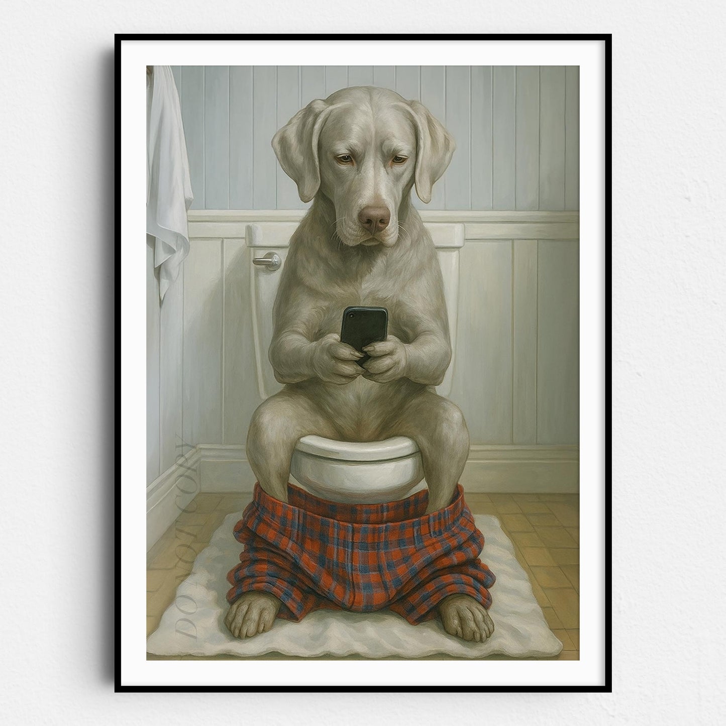 Silver Labrador Retriever Dog On The Phone On The Toilet