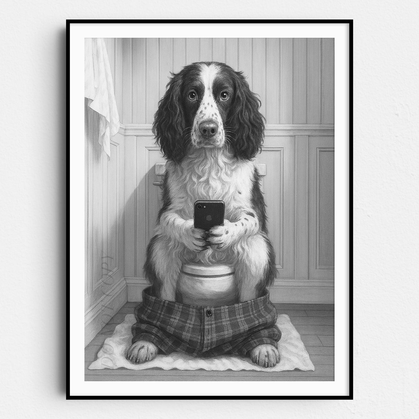 English Springer Spaniel Dog On The Phone On The Toilet