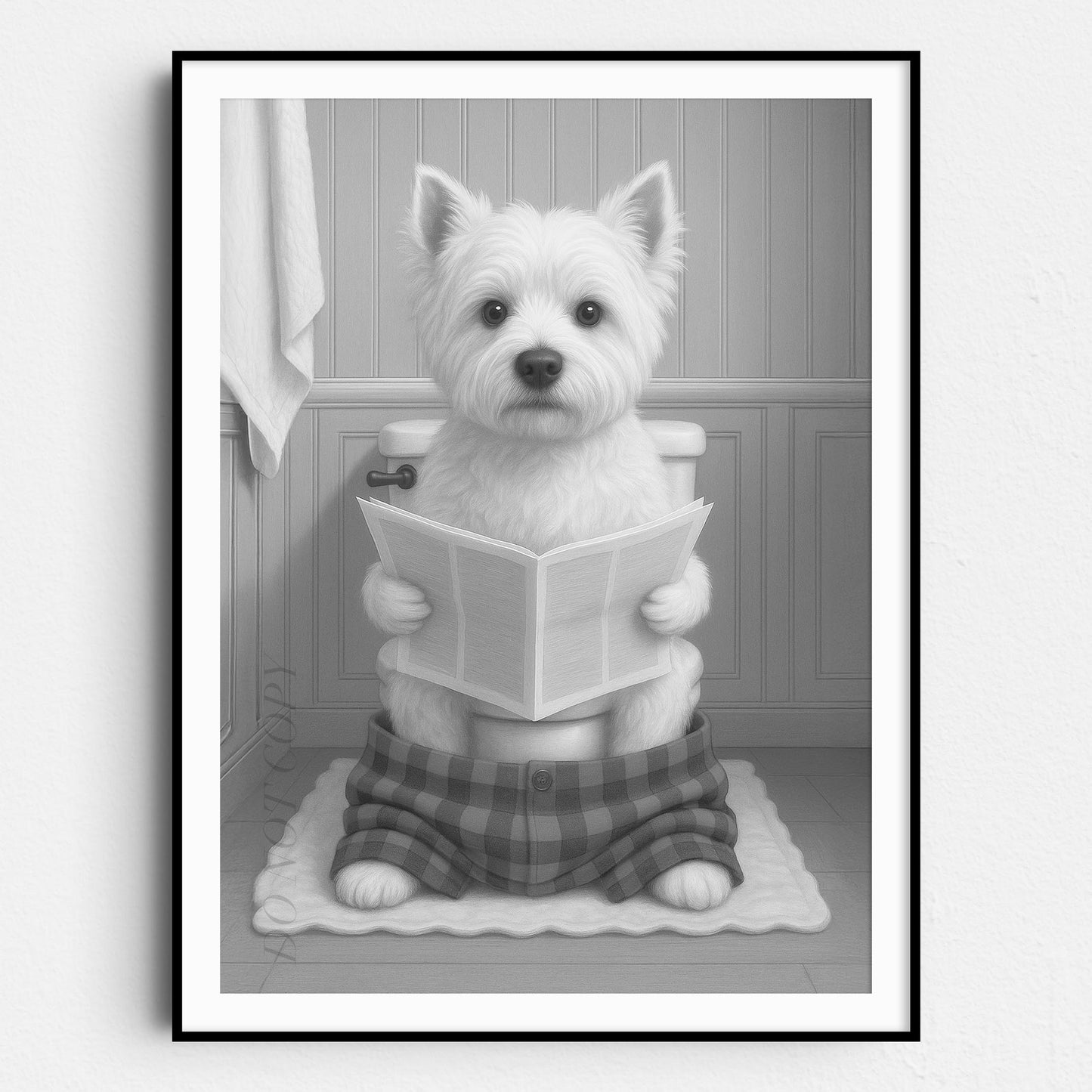 West Highland White Terrier Dog Reading The Newspaper On The Toilet
