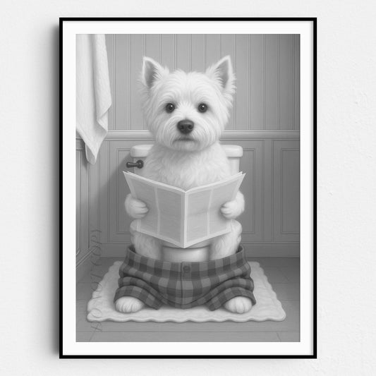 West Highland White Terrier Dog Reading The Newspaper On The Toilet