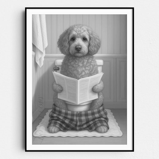 Cockapoo Dog Reading The Newspaper On The Toilet