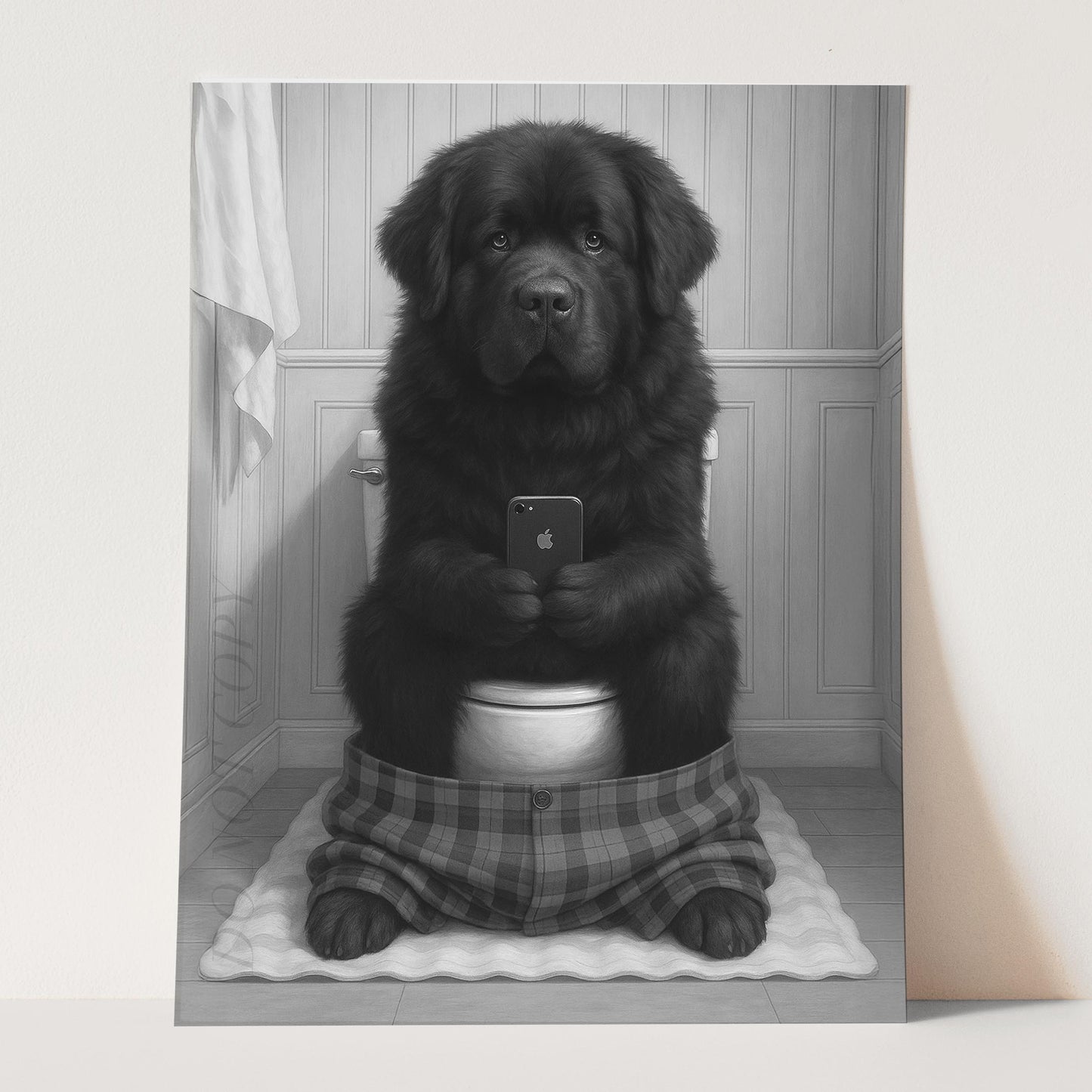 Newfoundland Dog On The Phone On The Toilet