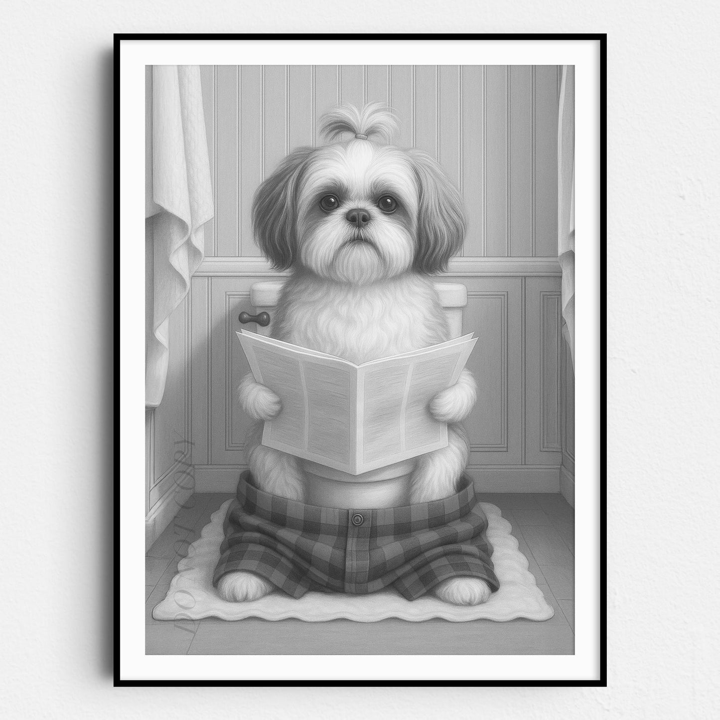 Shih Tzu Dog Reading The Newspaper On The Toilet