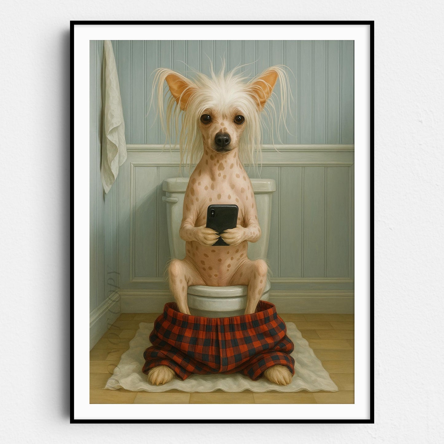 Chinese Crested Dog On The Phone On The Toilet