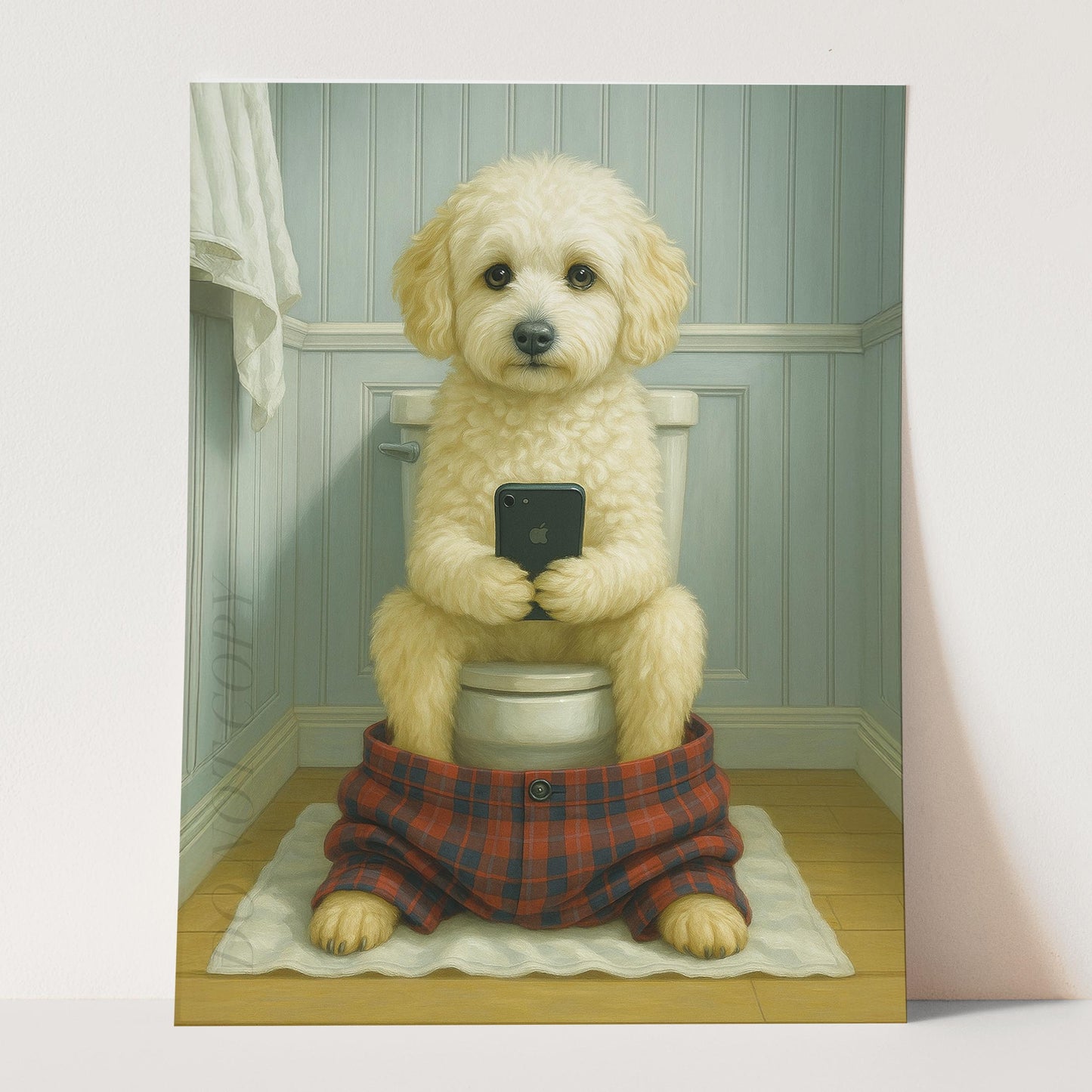 Maltipoo Dog On The Phone On The Toilet