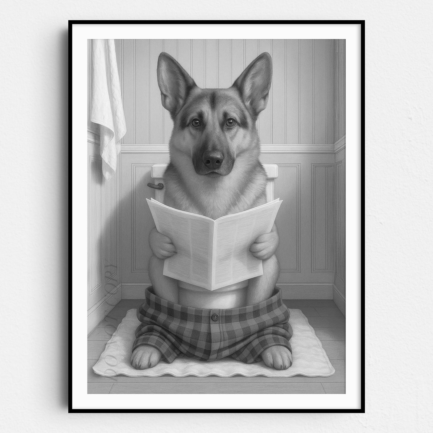German Shepherd Dog Reading The Newspaper On The Toilet