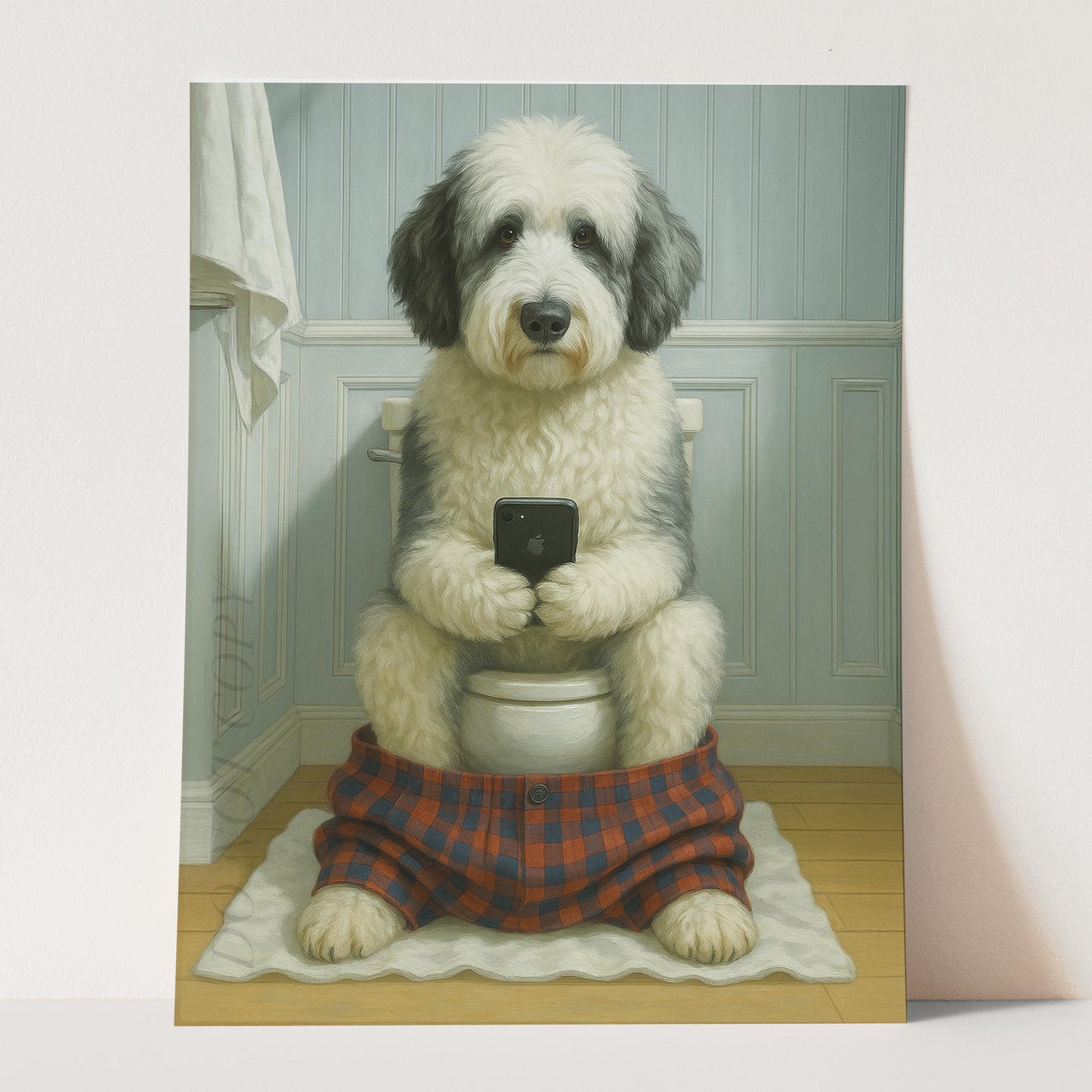Sheepadoodle Dog On The Phone On The Toilet