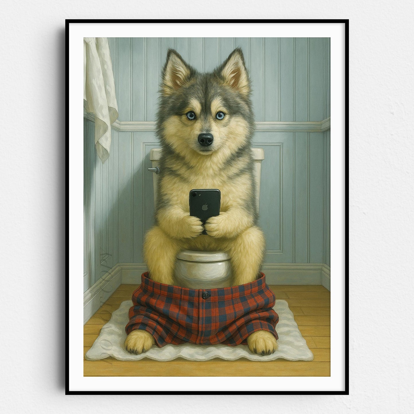 Pomsky Dog On The Phone On The Toilet