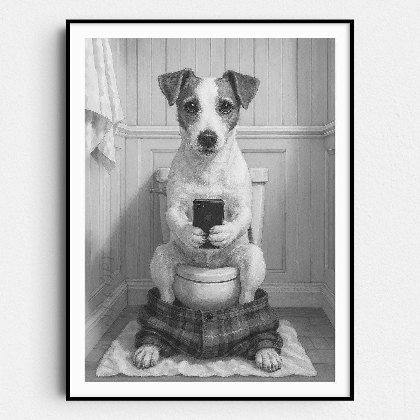 Jack Russell Terrier Dog On The Phone On The Toilet