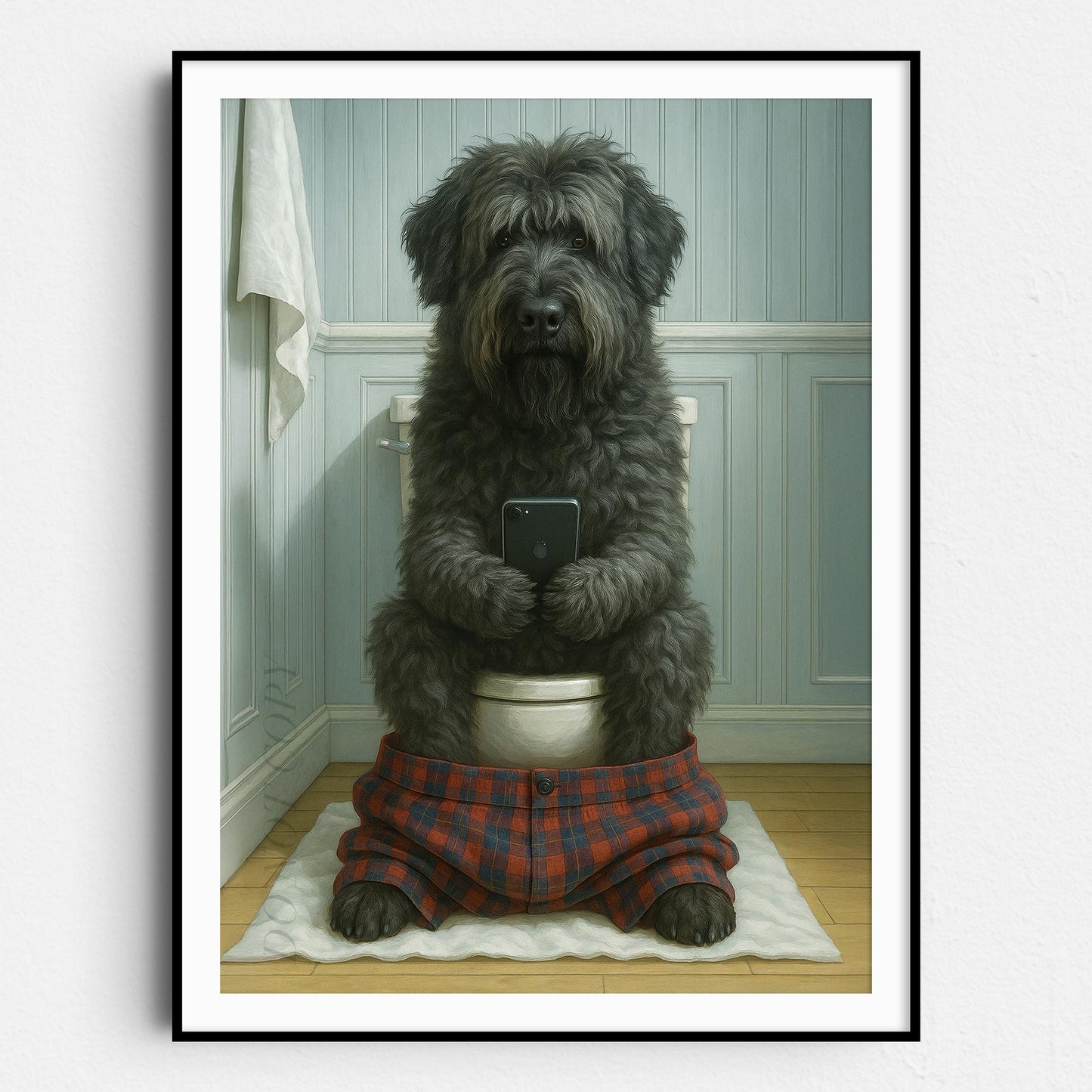 Bouvier des Flandres Dog On The Phone On The Toilet