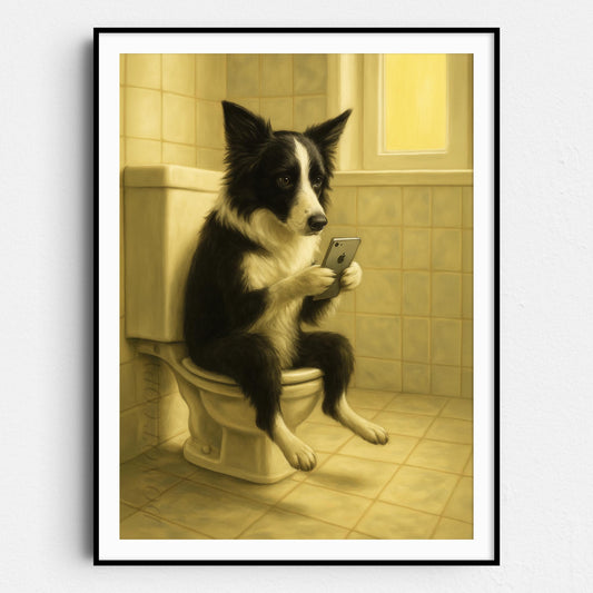 Border Collie On The Phone On The Toilet