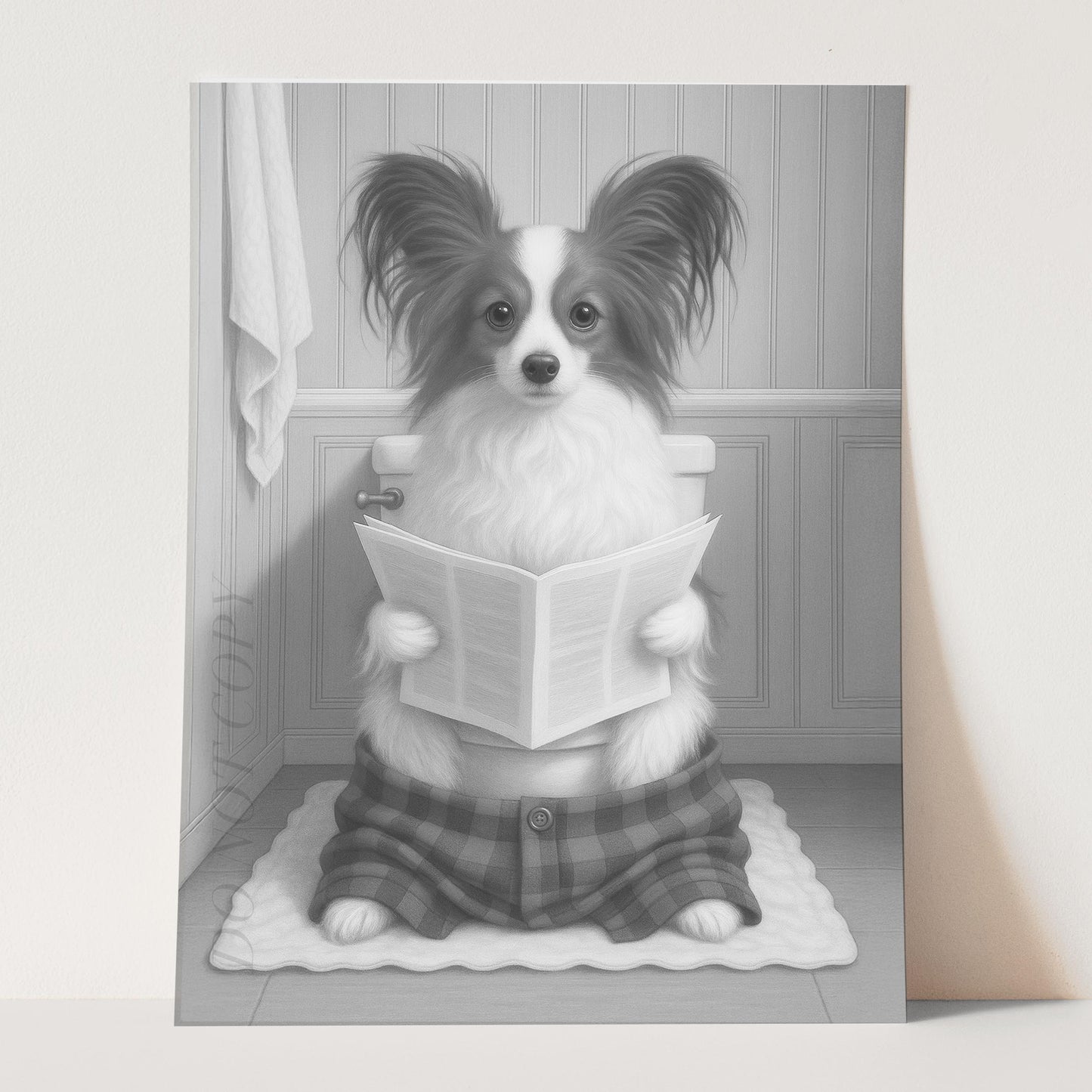 Papillon Dog Reading The Newspaper On The Toilet