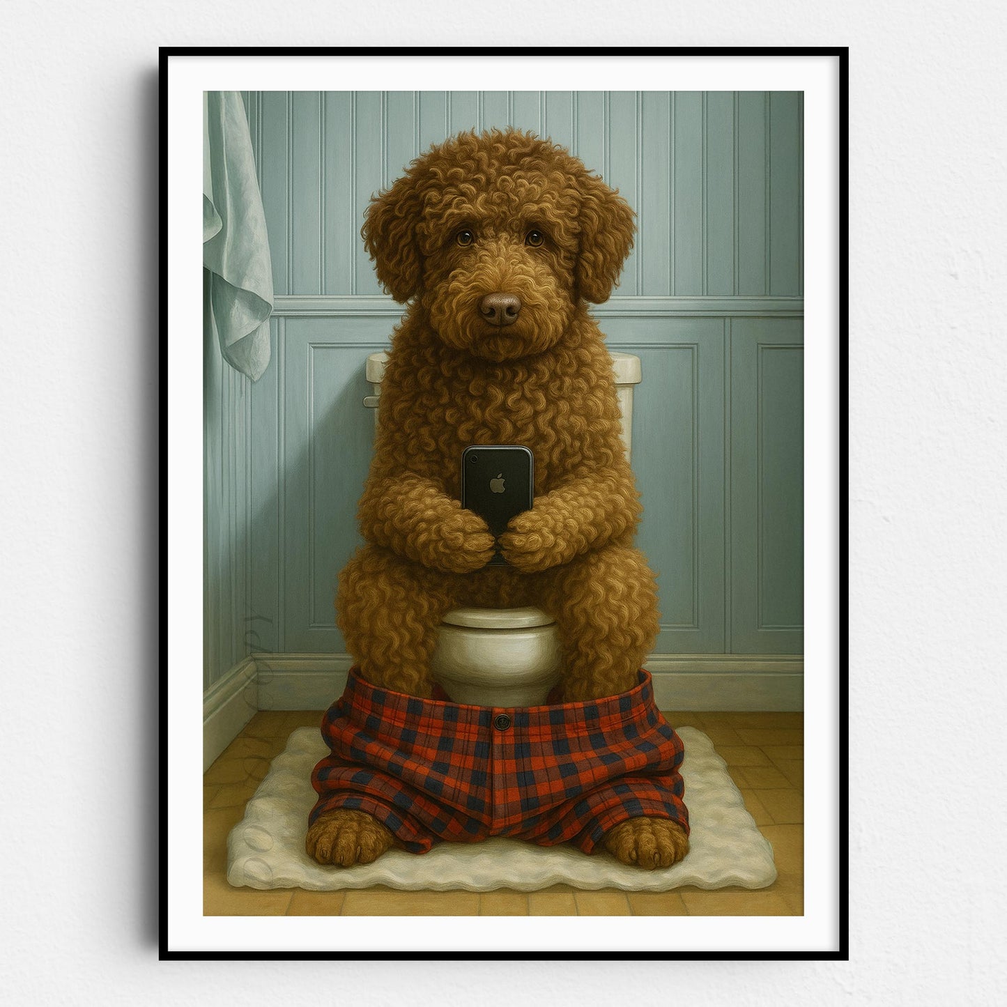 Lagotto Romagnolo Dog On The Phone On The Toilet