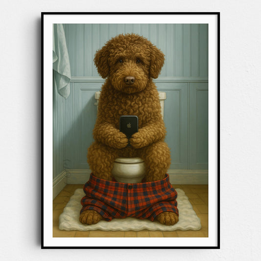 Lagotto Romagnolo Dog On The Phone On The Toilet