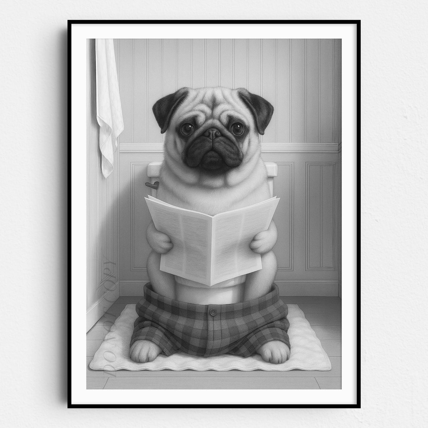 Pug Dog Reading The Newspaper On The Toilet