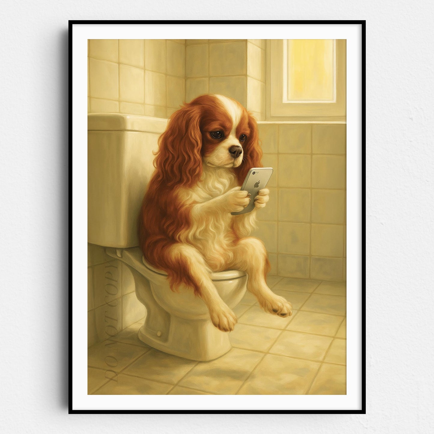 King Cavalier Dog On The Phone On The Toilet