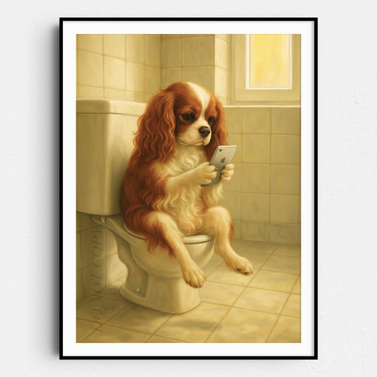 King Cavalier Dog On The Phone On The Toilet