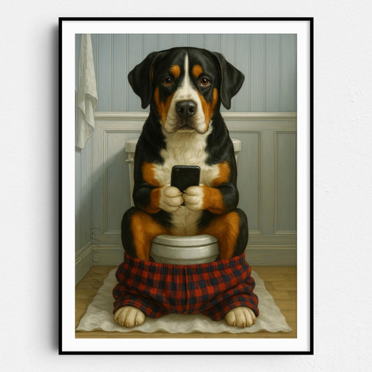Greater Swiss Mountain Dog On The Phone On The Toilet