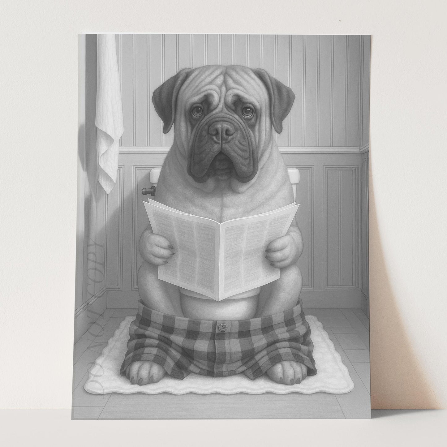 Mastiff Dog Reading The Newspaper On The Toilet