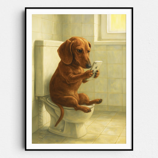Dachshund Dog On The Phone On The Toilet