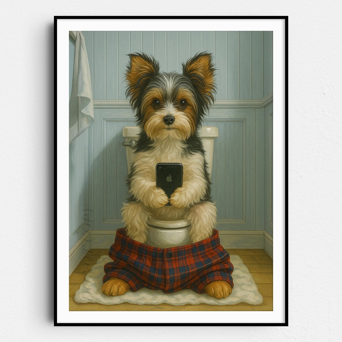 Biewer Terrier Dog On The Phone On The Toilet