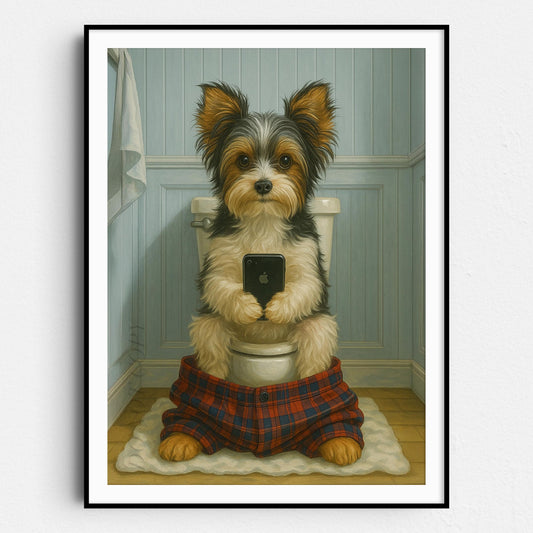 Biewer Terrier Dog On The Phone On The Toilet