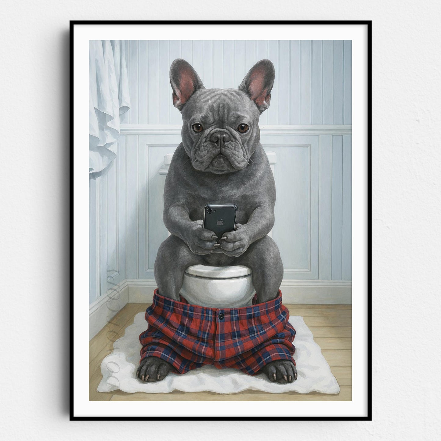 Grey French Bulldog On The Phone On The Toilet