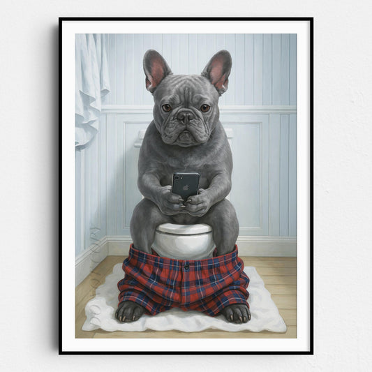 Grey French Bulldog On The Phone On The Toilet