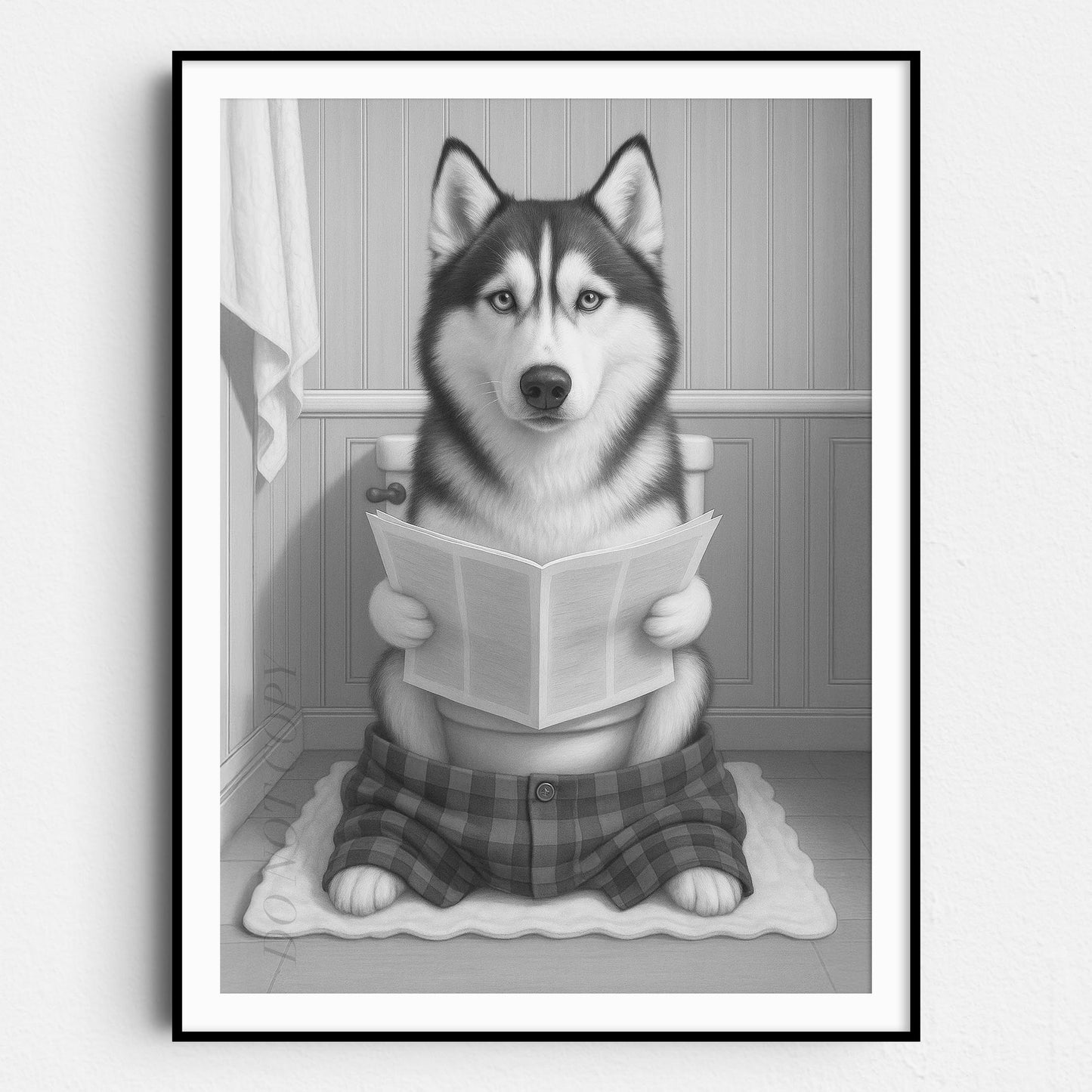 Husky Dog Reading The Newspaper On The Toilet
