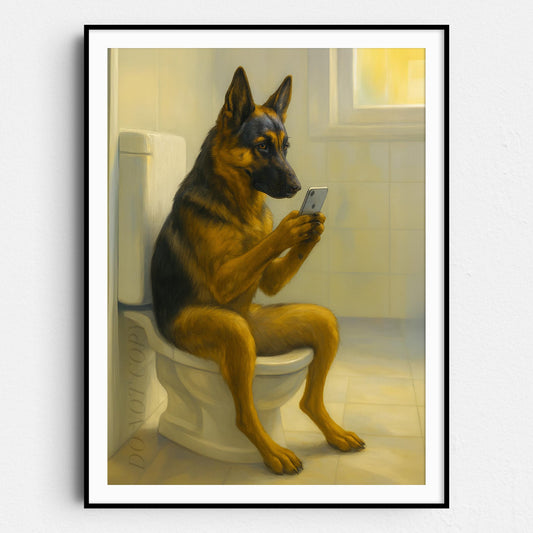 German Shepherd Dog On The Phone On The Toilet