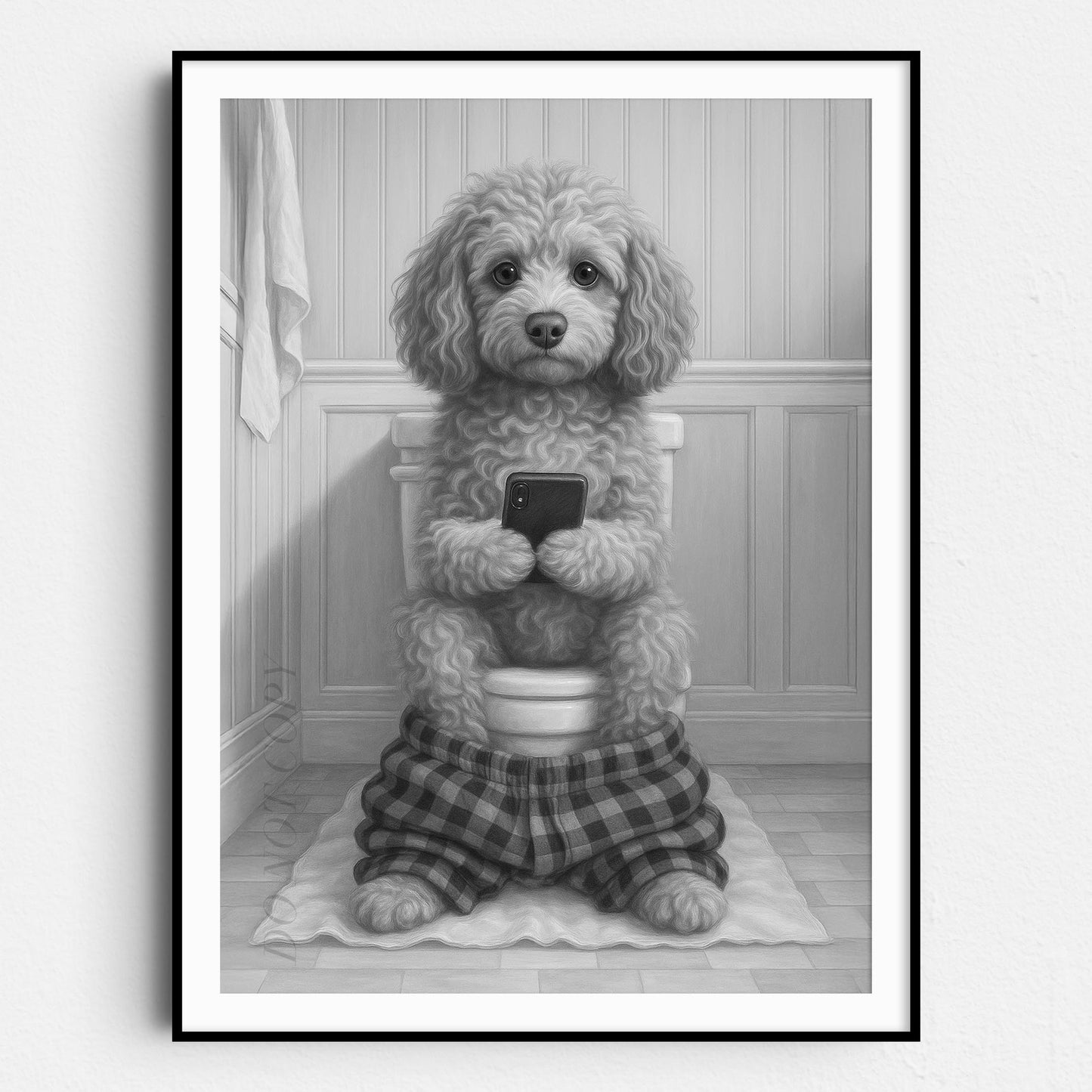 Cockapoo Dog On The Phone On The Toilet