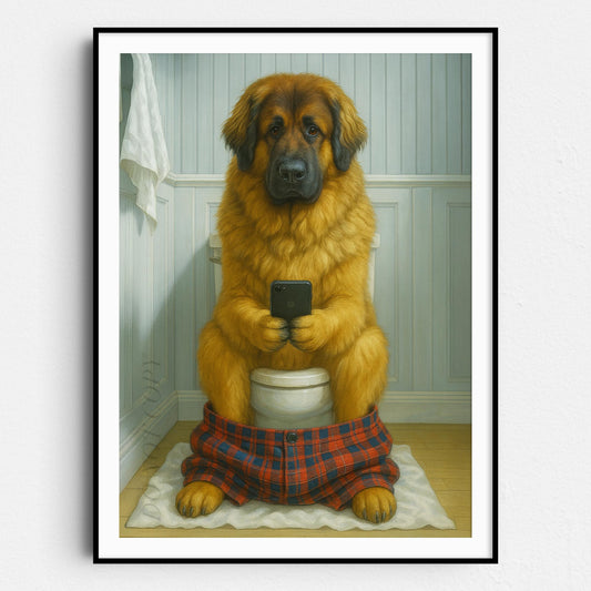 Leonberger Dog On The Phone On The Toilet