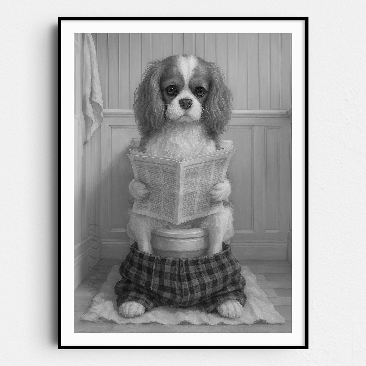 Cavalier King Charles Spaniel Dog Reading The Newspaper On The Toilet